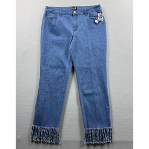 A.Z.I Jeans Womens 12 Blue Med Wash Straight Animal Print Fringe Stretch Denim